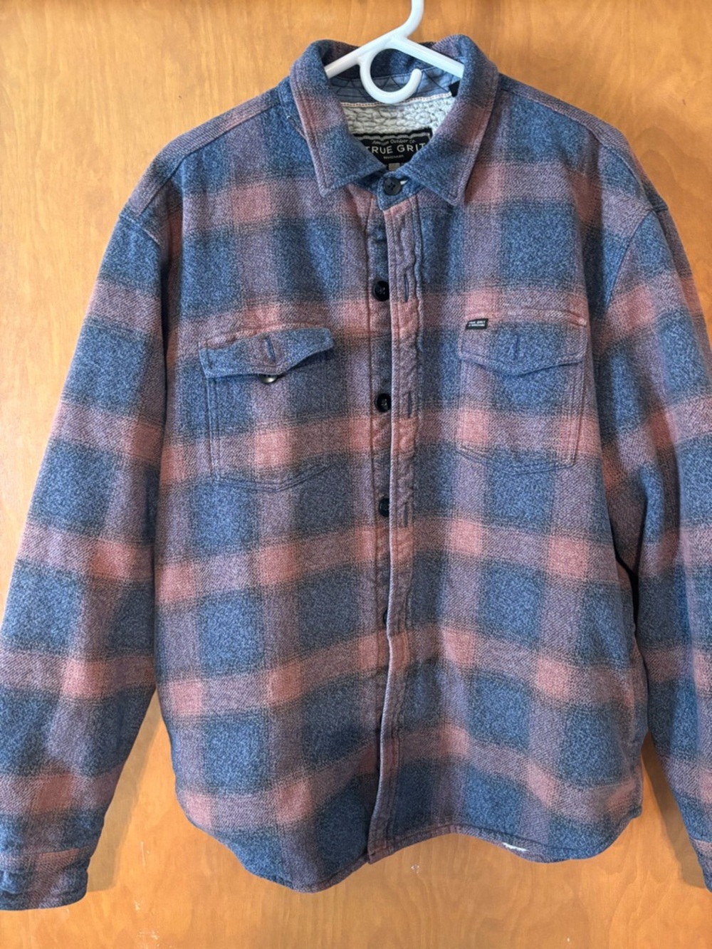 True Grit American Outdoor Co Sherpa Fleece Lined Flannel Shacket Blue Red XL